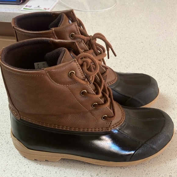 Sperry Saltwater Duck Boots woman boots tan and black marked 6 or 38 but fit a 7 - Picture 1 of 6